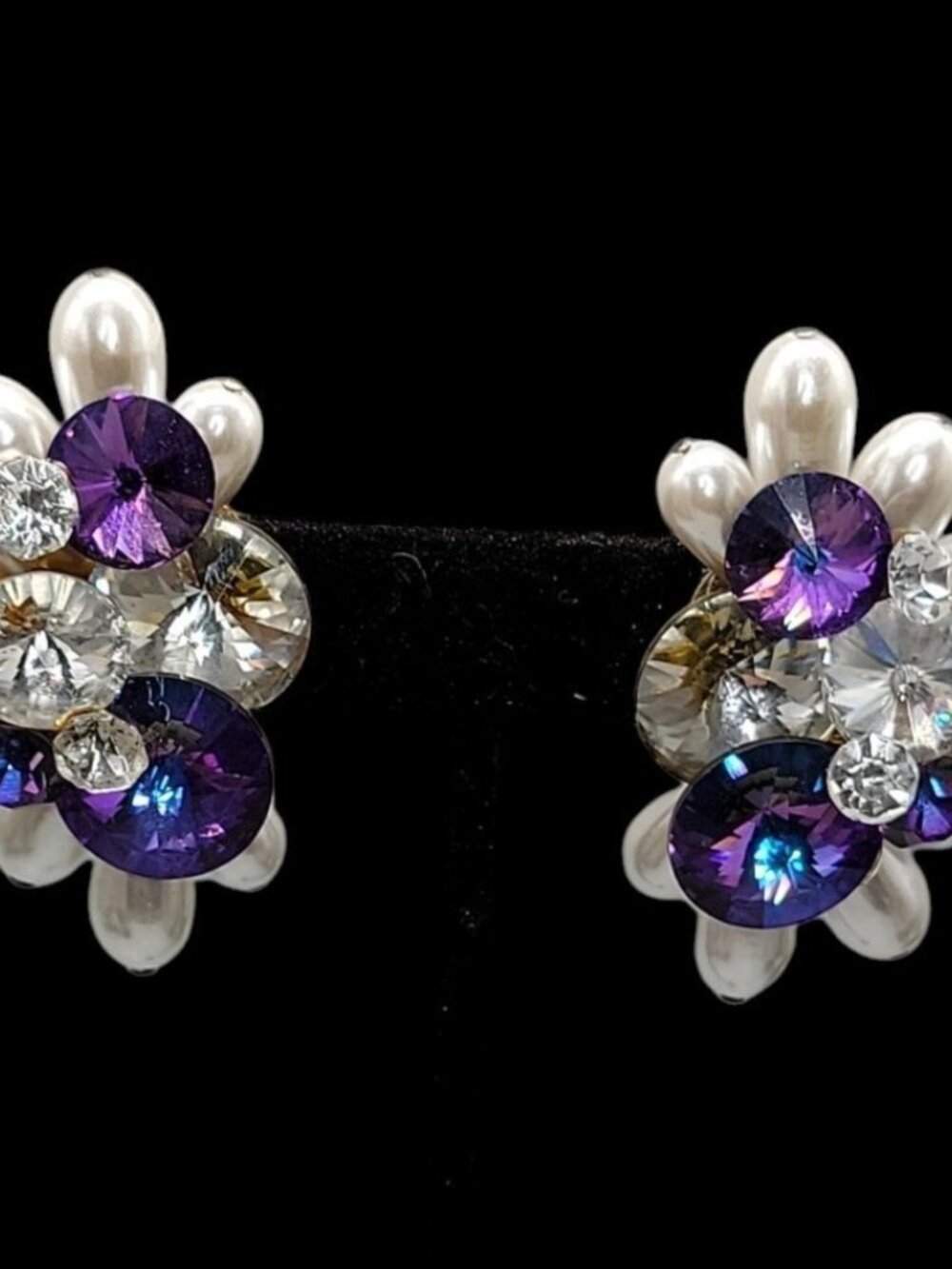 Vtg 1960s Cluster Clip On Earrings Purple Rivoli Rhinestone Faux Baroque Pearl - Picture 4 of 16